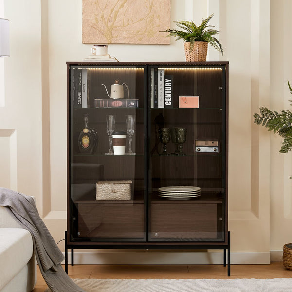 English Elm 51.2'' Freestanding Display Cabinet With Led Lights, Adjustable Glass Shelves & Hidden Storage – Walnut N845P261794D
