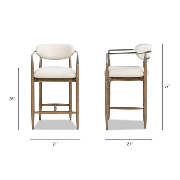 English Elm Jennifer Taylor Home - Artemis Plush 26" Counter Stool in Warm White Chenille with Brushed Nickel Arms & Rubberwood Frame B2719P280172