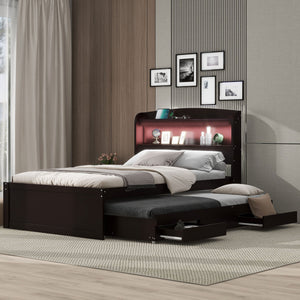 English Elm Twin XL Platform Bed with LED Headboard, Built-In Charging Station, Trundle & 2 Drawers for Space-Saving Bedrooms Dark Brown GX001829AAP