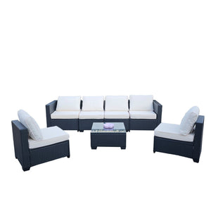 English Elm Seven-Piece Outdoor Rattan Sofa Set With Table & Beige Cushions - Stylish, Durable Patio Furniture W3152S00003-GIGA