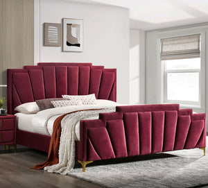 English Elm Glam Plush Flannelette Queen Bed with Shell Tufting and Padded Headboard on Metal Legs for Style Gold,Red 84 L x 26 W x 5 H B2741S00335
