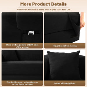 English Elm Convertible Corduroy Sleeper Sofa Queen Fold Out Bed with Dual Storage Pockets Dark Gray W3396P483183