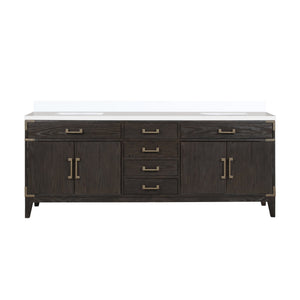 English Elm Brown Oak Double Bath Vanity 84" W With White Quartz Top – Elegant Storage Solution For Bathrooms B2731P259959