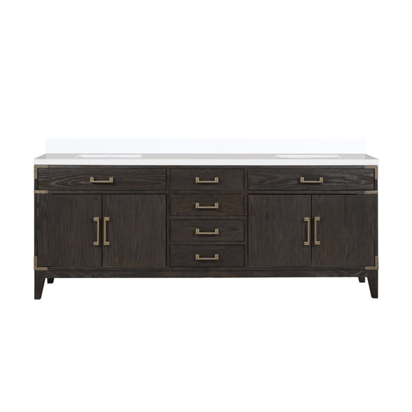 English Elm Brown Oak Double Bath Vanity 84" W With White Quartz Top – Elegant Storage Solution For Bathrooms B2731P259959