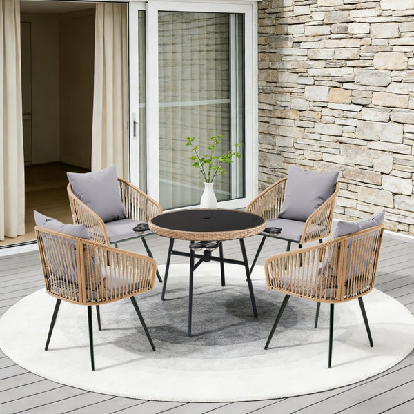 English Elm 5-piece Outdoor Wicker Dining Set with Round Glass Table and Cushioned Rattan Chairs Gray T5880S00012