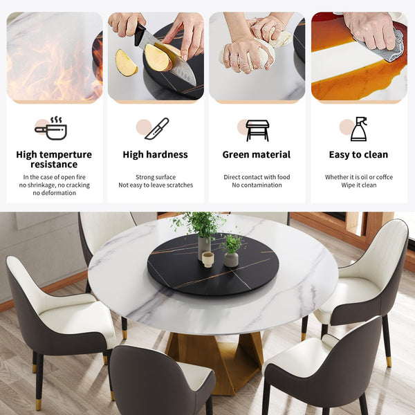 English Elm 59.05" Round Marble Dining Table With Lazy Susan - Sleek Bronze Base, Seats 6-8, Perfect For Dining! W1535S00413