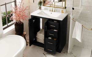 English Elm 30'' Bathroom Vanity With Ceramic Sink - Retro Freestanding Storage Cabinet, Soft-Close Drawers & Doors N710P191947B