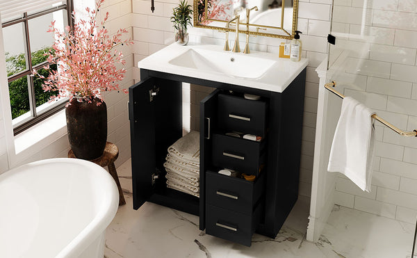 English Elm 30'' Bathroom Vanity With Ceramic Sink - Retro Freestanding Storage Cabinet, Soft-Close Drawers & Doors N710P191947B