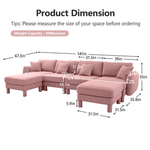 English Elm Boucle Chic U-Shape Sectional Sofa For 4 With Shell Armrests & Movable Ottomans In Stylish Pink W3041S00297