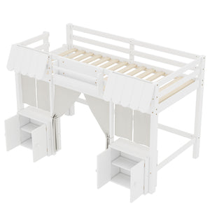 English Elm Twin Loft Bed Cottage-Style Playhouse with Built-In Bookshelf, Curtain & Storage, Safe Guardrails White W1580S00355