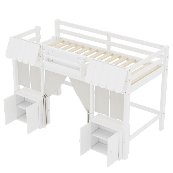 English Elm Twin Loft Bed Cottage-Style Playhouse with Built-In Bookshelf, Curtain & Storage, Safe Guardrails White W1580S00355
