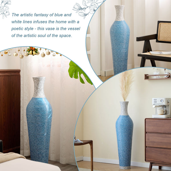 English Elm 39-Inch Tall Designer Floor Vase in Lake Blue PVC with Brushed Gold Accents for Dramatic Room Styling W2796P300933