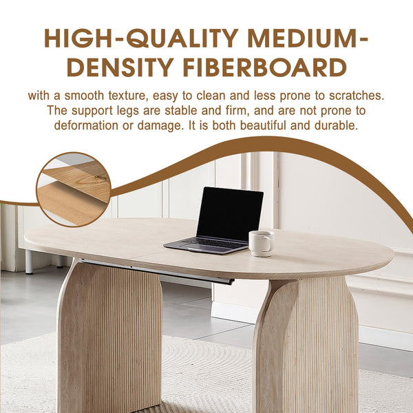English Elm Wood Extendable Dining Table - Modern Oval MDF Top with Dual Pillar Legs, Space-Saving, Durable Versatile Gatherings and Home Office Use W3590S00002