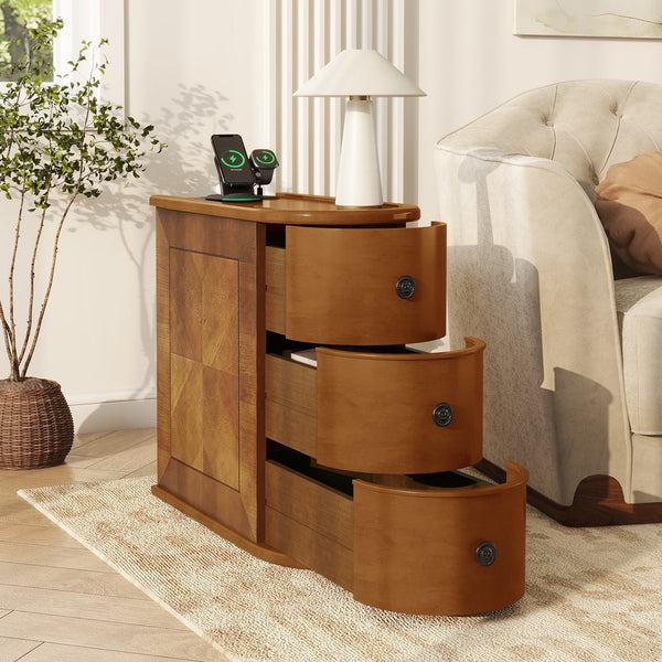 English Elm End Table With Charging Station – Stylish Sofa Side Table With Storage Drawers, Fully Assembled! W2593P289145