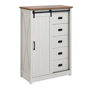 English Elm 5 Drawer Dresser with Sliding Barn Door — Farmhouse Modern MDF Chest with Metal Handle, Adjustable Shelves, Spacious Top White W2275P206613