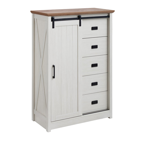 English Elm 5 Drawer Dresser with Sliding Barn Door — Farmhouse Modern MDF Chest with Metal Handle, Adjustable Shelves, Spacious Top White W2275P206613