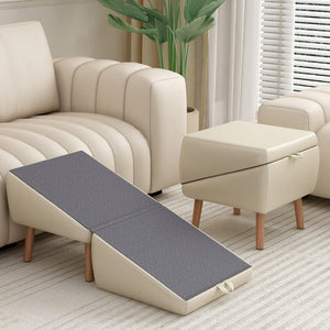 English Elm Dog Pet Stairs Solid Wood Foldable Ramp with Ottoman Style for Couch or Bed Light Gray W2641P440162