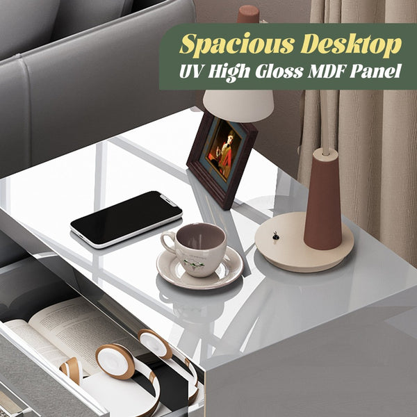 English Elm High Gloss Mirrored 2 Drawer Nightstand Slim Metal Legs Modern Bedroom Side Table Grey W5271P416536