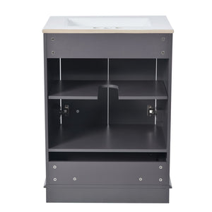 English Elm 24'' Bathroom Vanity with Ceramic Sink Combo Modern Freestanding MDF Cabinet with Soft-Close Doors and Sleek Silver Handles for Spacious Organized Bathroom Storage Blue Gray N710P194893C
