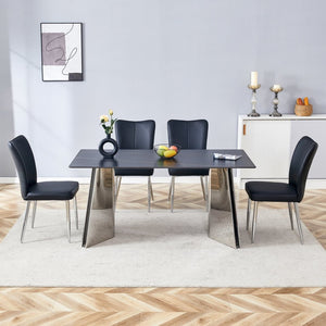 English Elm Table Set: Luxurious Black Marble-Patterned Top With Stainless Steel Legs & 4 Elegant Pu Dining Chairs W1151S01967-GIGA