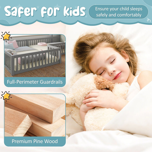 English Elm Full House Floor Bed with Door and Guardrails for Kids, Solid Wood Double Full, Safe Play Nook Grey W1580P354640