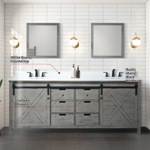 English Elm Ash Grey Double Bath Vanity 84" W x 22" D with White Quartz Top, Matte Black Faucets & 34" Mirrors B2731S01082