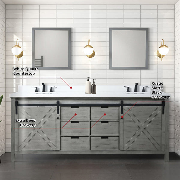 English Elm Ash Grey Double Bath Vanity 84" W x 22" D with White Quartz Top, Matte Black Faucets & 34" Mirrors B2731S01082