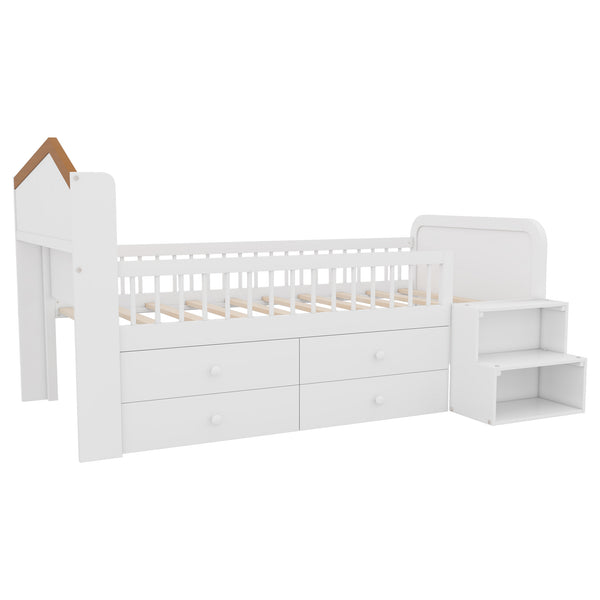 English Elm Low Twin Loft Bed with House-Style Headboard and Built-In LED Lights for Modern Kids' Rooms White 42.91 L x 28.35 W x 6.69 H W2593S00006