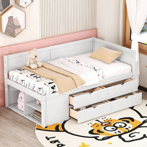 English Elm Twin Daybed with Two Pull Out Drawers and Open Shelves for Small Bedroom Storage White LP102022AAK