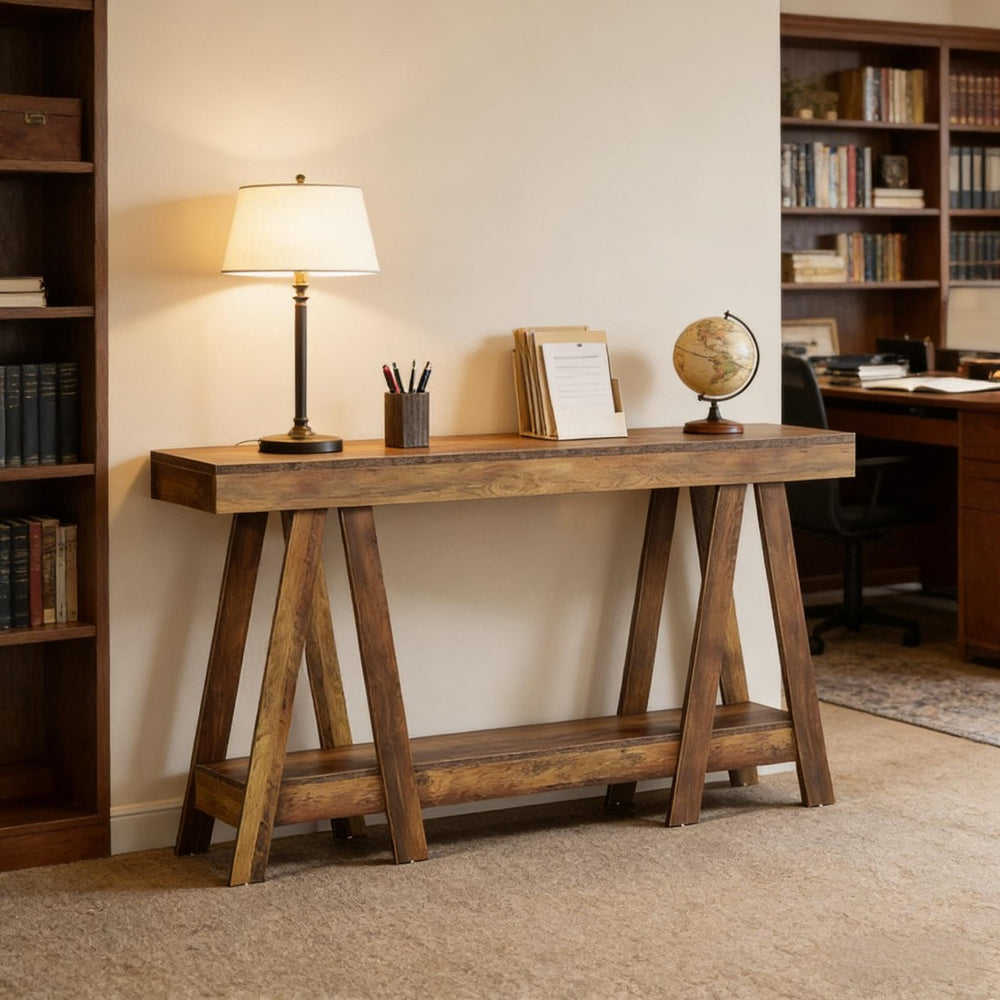 English Elm Hall Console Table Industrial Rustic Two Tier Wood Tone Metal Frame Entryway Sofa T3971P452393