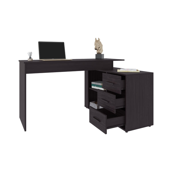 English Elm Upton L-Shape Desk in Black Wengue Finish — Corner Space-Saving Home Office with Open Shelves B200P362021