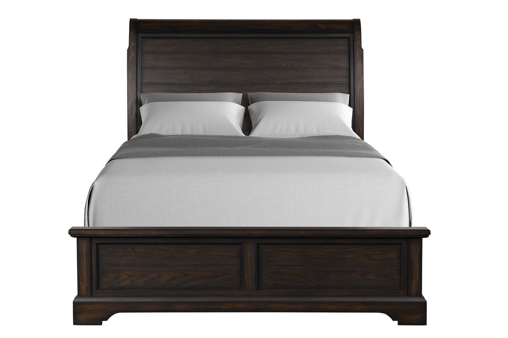 English Elm Queen Mahogany Sleigh Bed with Elm Veneer & Pine Solid Frame, Traditional Curved Headboard Design B2699S00050