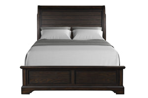 English Elm Queen Mahogany Sleigh Bed with Elm Veneer & Pine Solid Frame, Traditional Curved Headboard Design B2699S00050