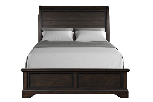 English Elm Queen Mahogany Sleigh Bed with Elm Veneer & Pine Solid Frame, Traditional Curved Headboard Design B2699S00050
