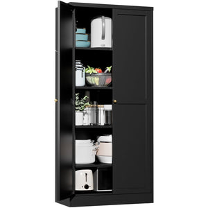 English Elm 61" Matte Black Steel Freestanding Pantry Cabinet with 4 Adjustable Shelves Modern Farmhouse T2398P465983