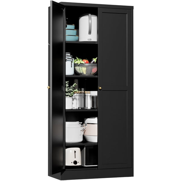English Elm 61" Matte Black Steel Freestanding Pantry Cabinet with 4 Adjustable Shelves Modern Farmhouse T2398P465983