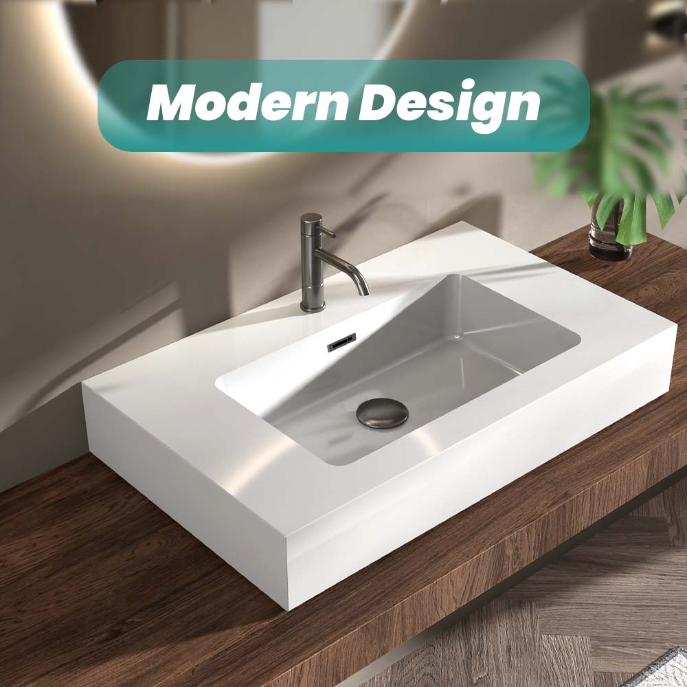 English Elm BB02-30-101, Glossy Integrated Solid Surface Basin with Overflow — Sleek Seamless Design for Luxury Bathrooms White W1865107113