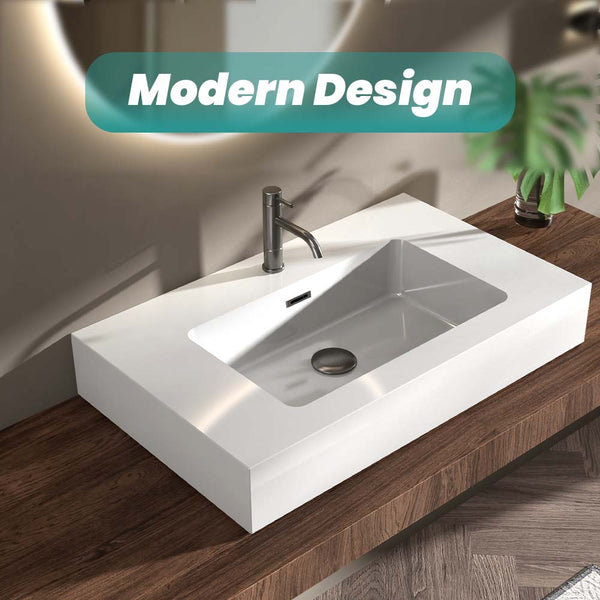 English Elm BB02-30-101, Glossy Integrated Solid Surface Basin with Overflow — Sleek Seamless Design for Luxury Bathrooms White W1865107113