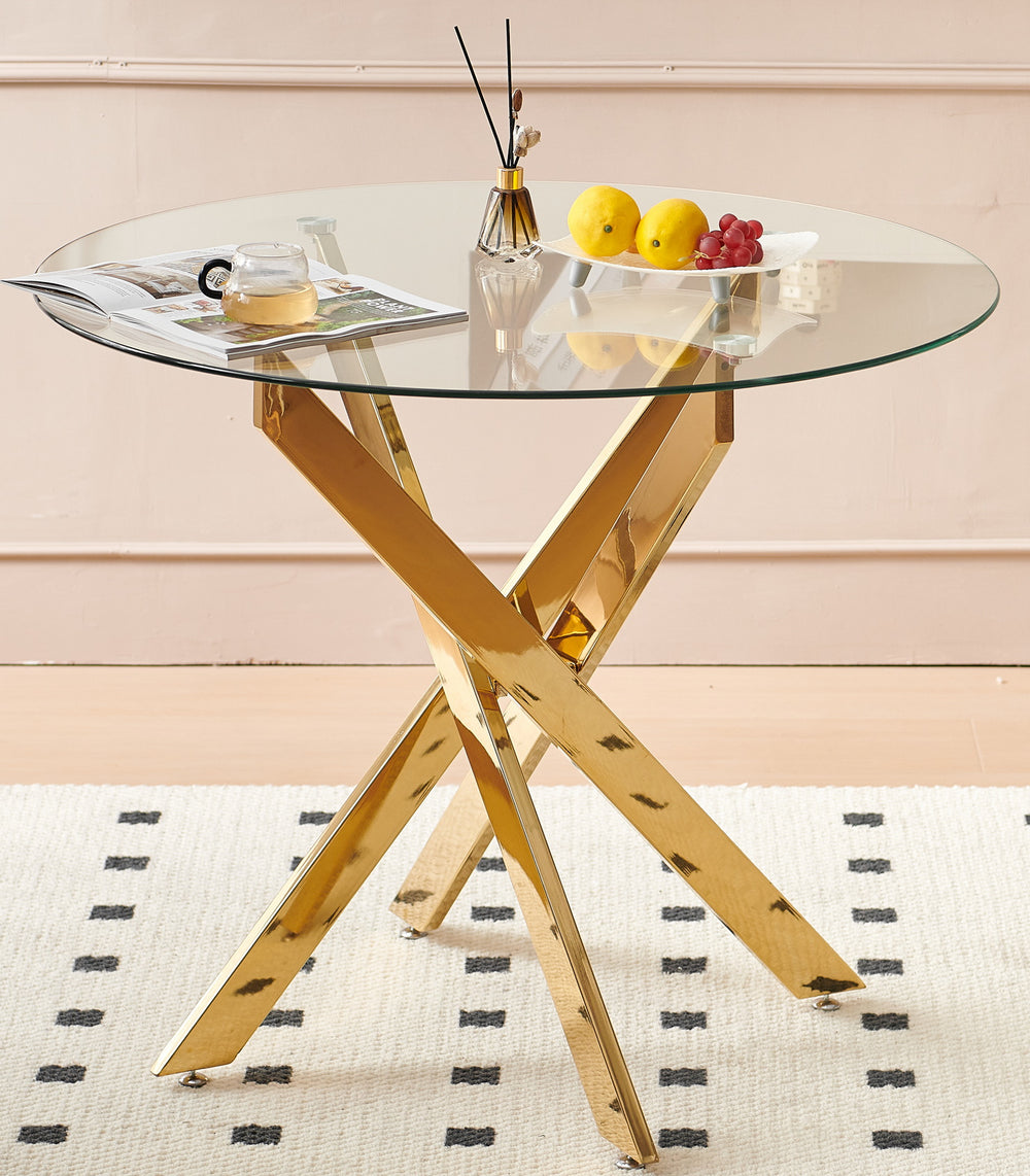 English Elm Golden Modern Glass Dining Table With Cross Metal Legs – Stylish Space-Saving Design For Living Room W234P185627