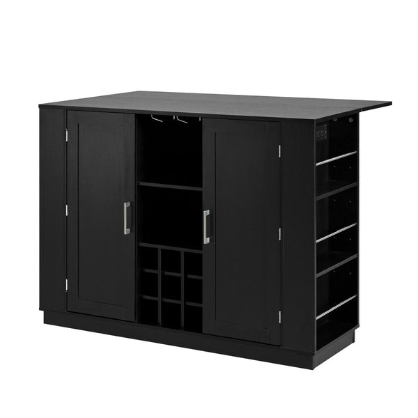 English Elm U_style Compact Kitchen Island with Drop Leaf Power Outlet Wine Rack Stemware Storage Black N711P437715B