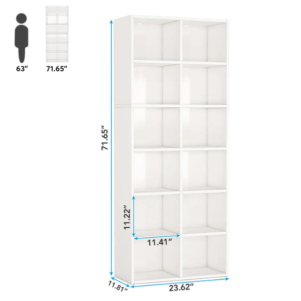 English Elm Compact Six Tier Bookcase with 12 Open Cubes for Slim Vertical Home Office Storage T3971P458123