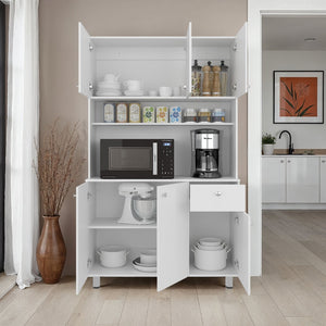 English Elm Lehr Tall White Pantry Cabinet with Six Doors One Drawer and Vertical Kitchen Storage B097S00251