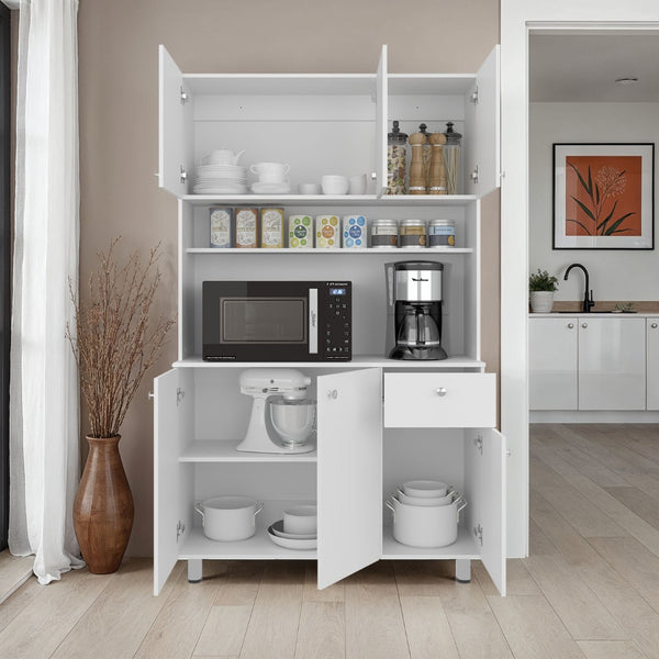 English Elm Lehr Tall White Pantry Cabinet with Six Doors One Drawer and Vertical Kitchen Storage B097S00251