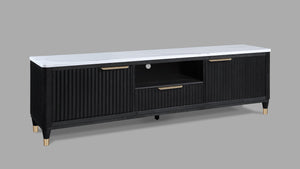 English Elm 1pc Modern Luxury Fluted Wood Facade TV Stand with Faux Marble Top, Brass Accents & Tapered Legs Black,White 20.25 L x 87 W x 24 H B2741P366757