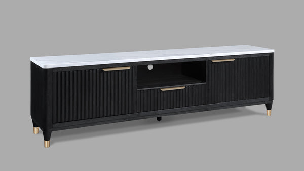 English Elm 1pc Modern Luxury Fluted Wood Facade TV Stand with Faux Marble Top, Brass Accents & Tapered Legs Black,White 20.25 L x 87 W x 24 H B2741P366757