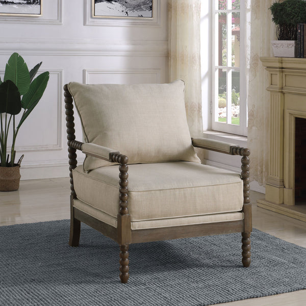 English Elm 1pc Coastal Spindle-Back Accent Chair with Padded Armrests, Linen-Look Upholstery & Welt Trim Beige,Brown 40 L x 32 W x 15.75 H B011P308560