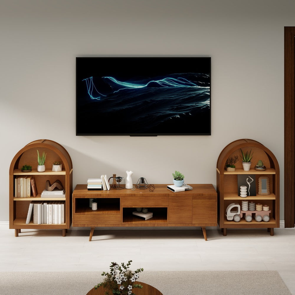 English Elm Arched Three Tier Bookshelf White Frame Woodgrain Shelves Modern Storage for Any Room W2557P428369