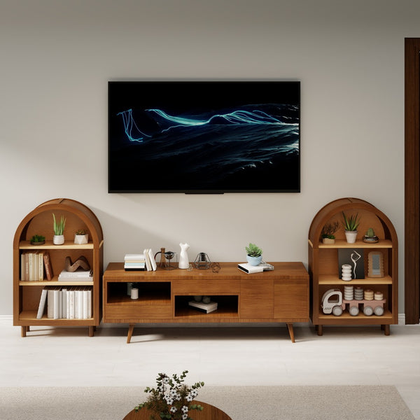 English Elm Arched Three Tier Bookshelf White Frame Woodgrain Shelves Modern Storage for Any Room W2557P428369