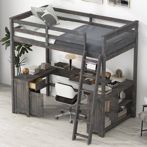 English Elm Full Loft Bed with U-Shaped Workstation, Built-In Drawers, Shelves & Cabinet for Space Saving Antique brown GX001039AAD