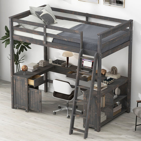 English Elm Full Loft Bed with U-Shaped Workstation, Built-In Drawers, Shelves & Cabinet for Space Saving Antique brown GX001039AAD